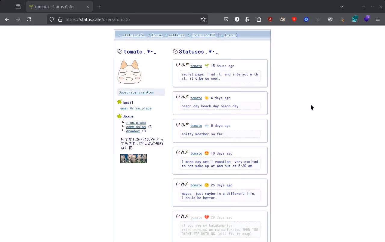 A styled status cafe profile page (from rice.place)