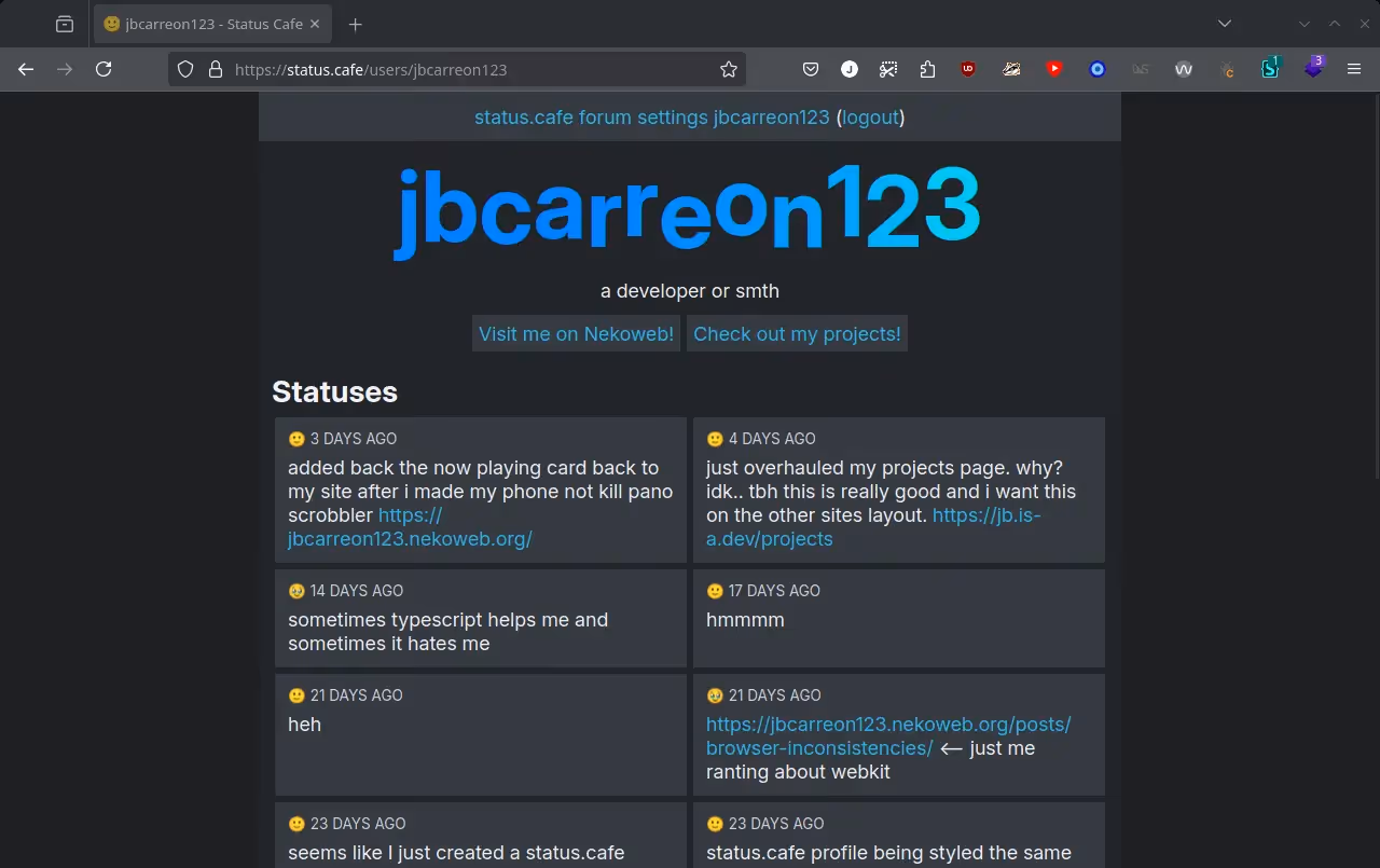 my jbsite4-themed status cafe profile page